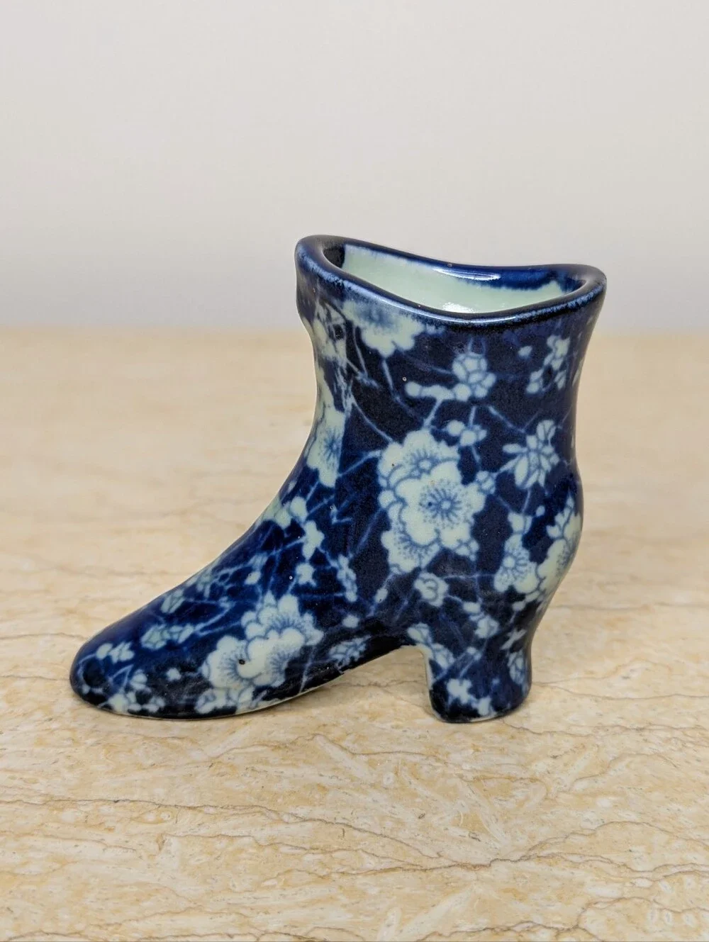 Vintage Ironstone Blue & White Chintz Floral Chinoiserie Mini Boot Vase Stamped